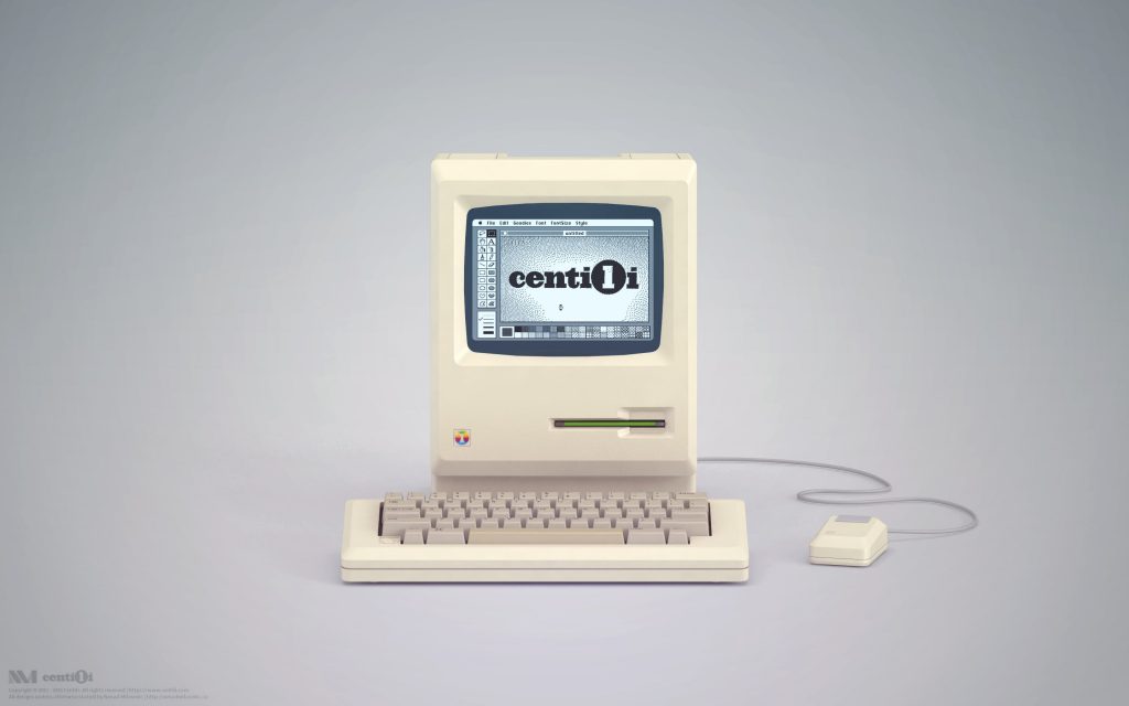Classic Macintosh with Centili logo on screen in an ancient Photoshop predecessor app.