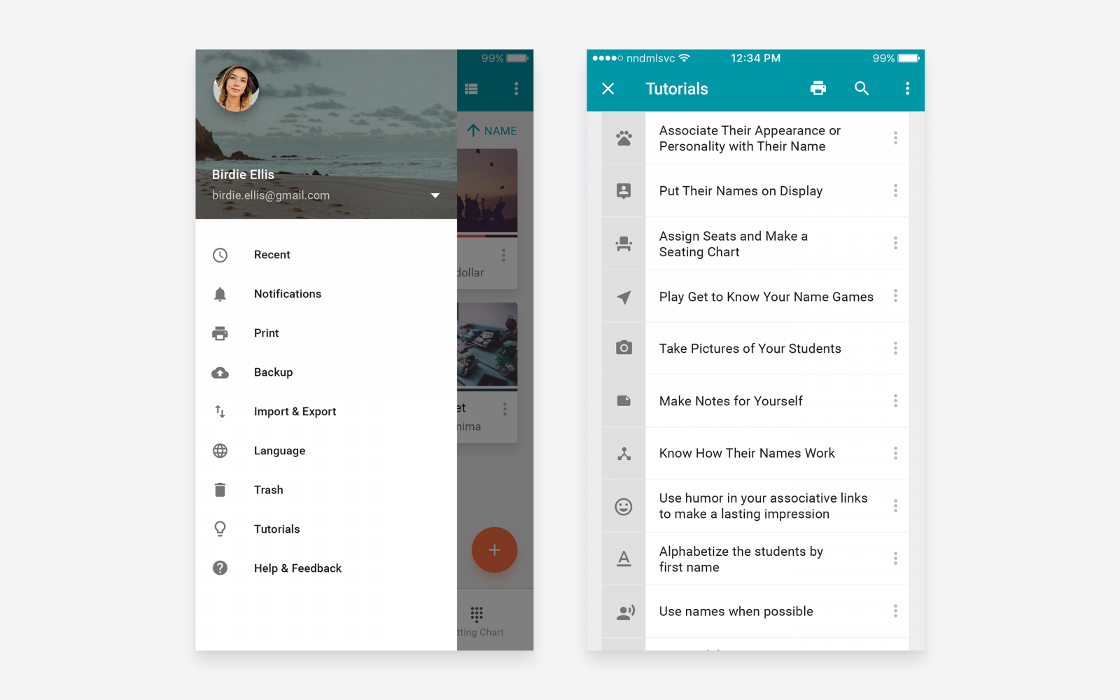 App options and the list of tutorials. App options and the list of tutorials.
