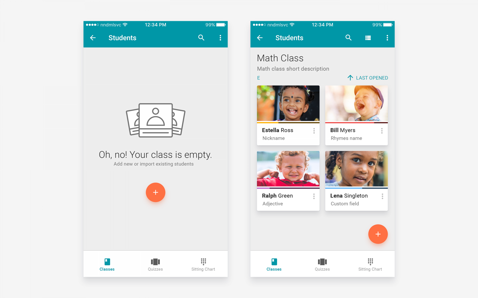 Empty state on the left and list of students on the right. Empty state on the left and list of students on the right.