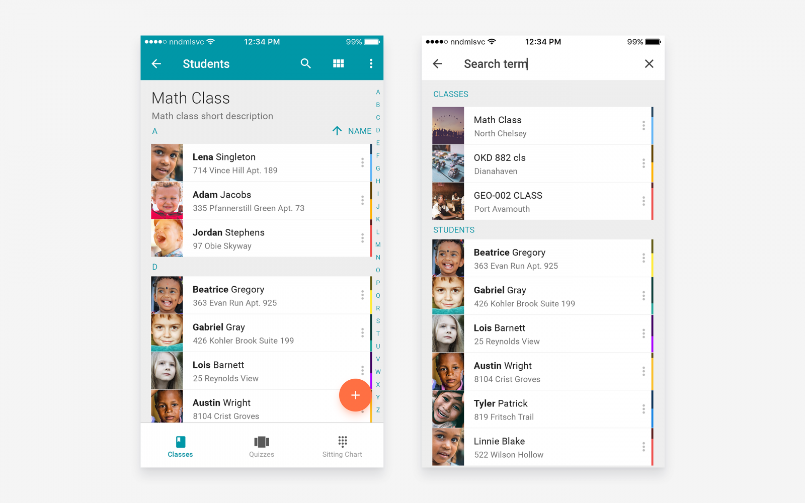 Left: student list. Right: search results. Left: student list. Right: search results.
