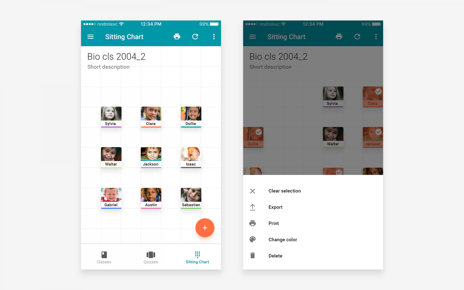 Left: seating chart. Right: student selection from the seating chart. Left: seating chart. Right: student selection from the seating chart.