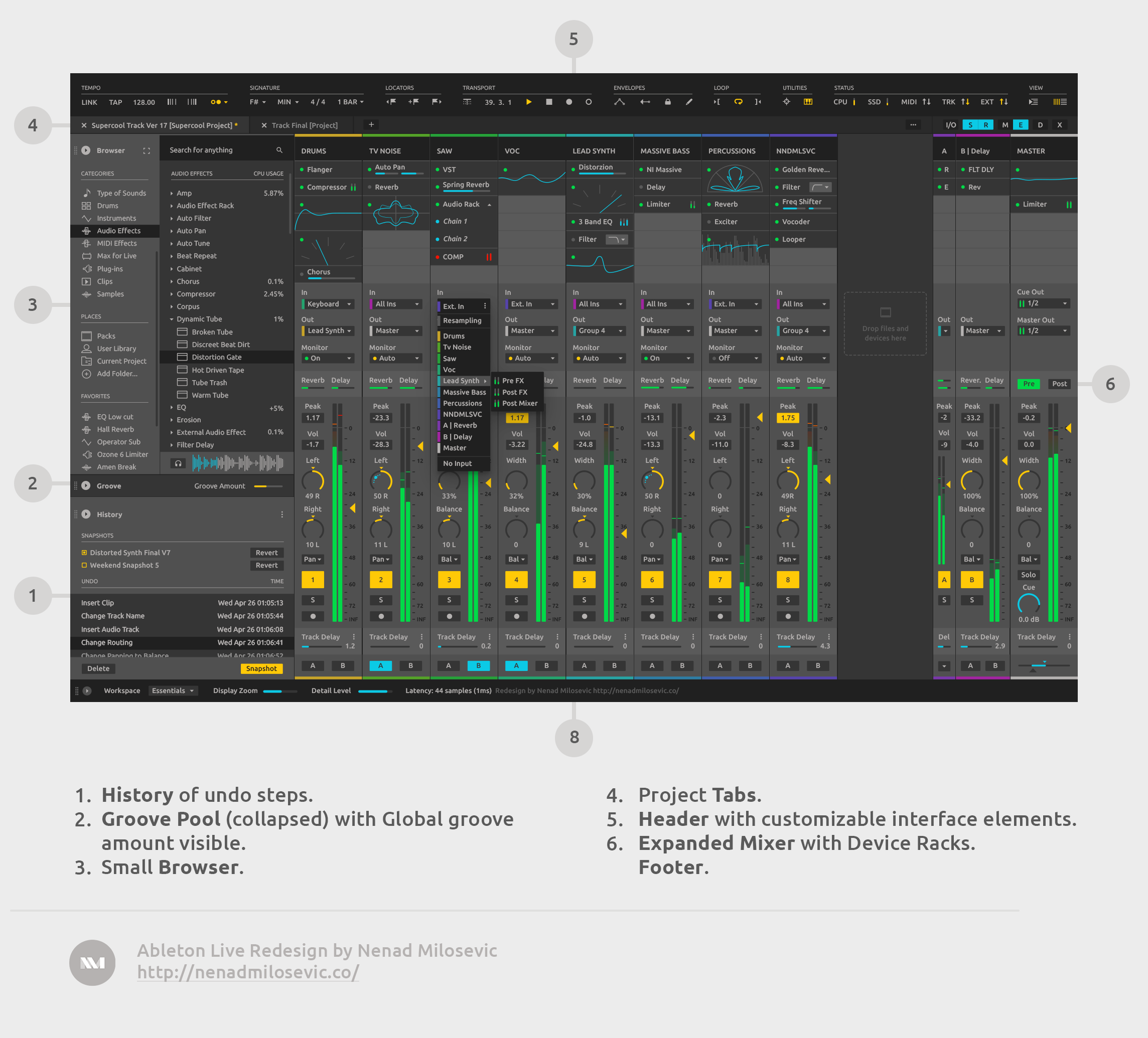 Browser, History, and Expanded Mixer screen. Browser, History, and Expanded Mixer screen.
