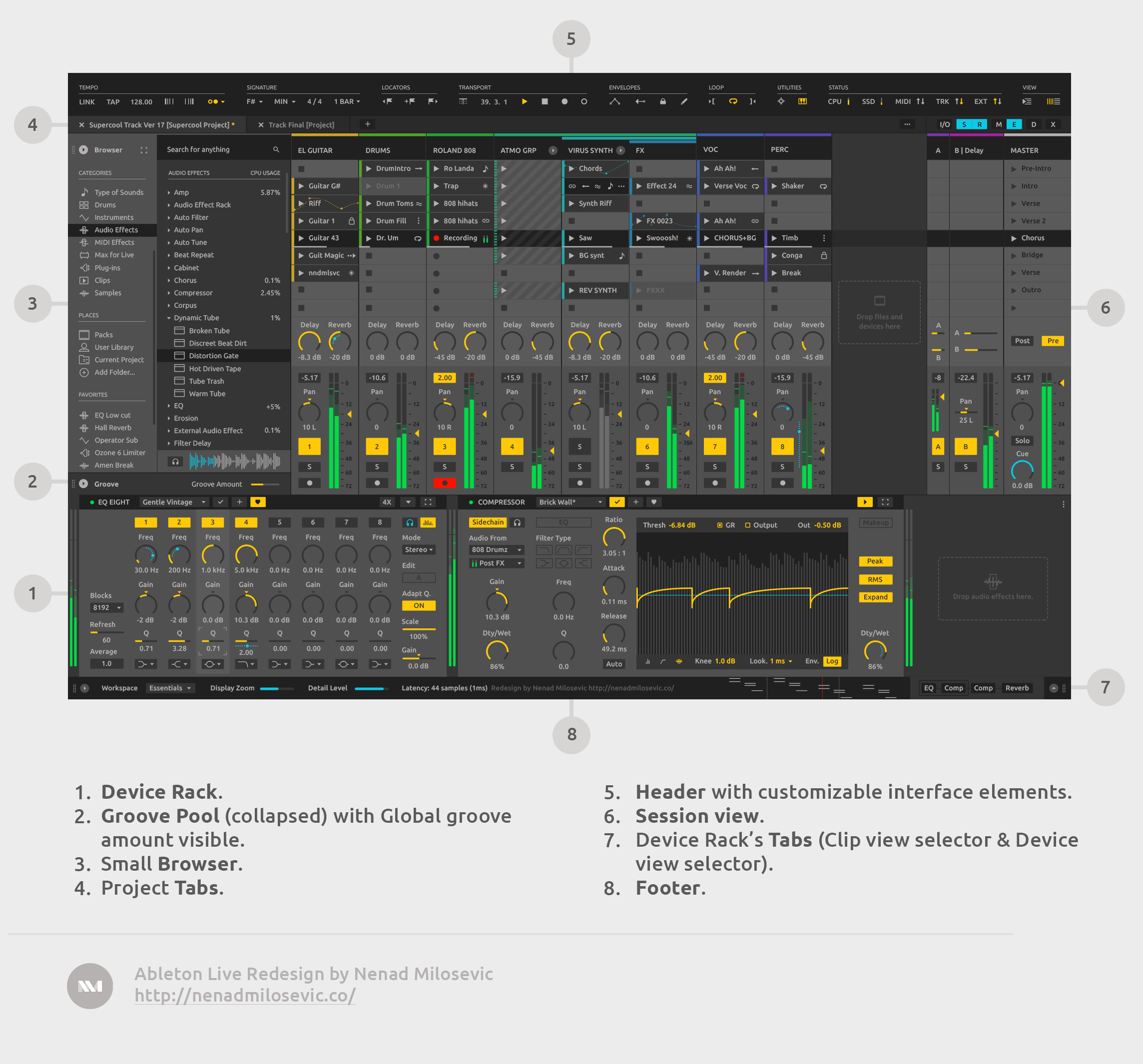 Browser, Session View, and Device Rack screen. Browser, Session View, and Device Rack screen.