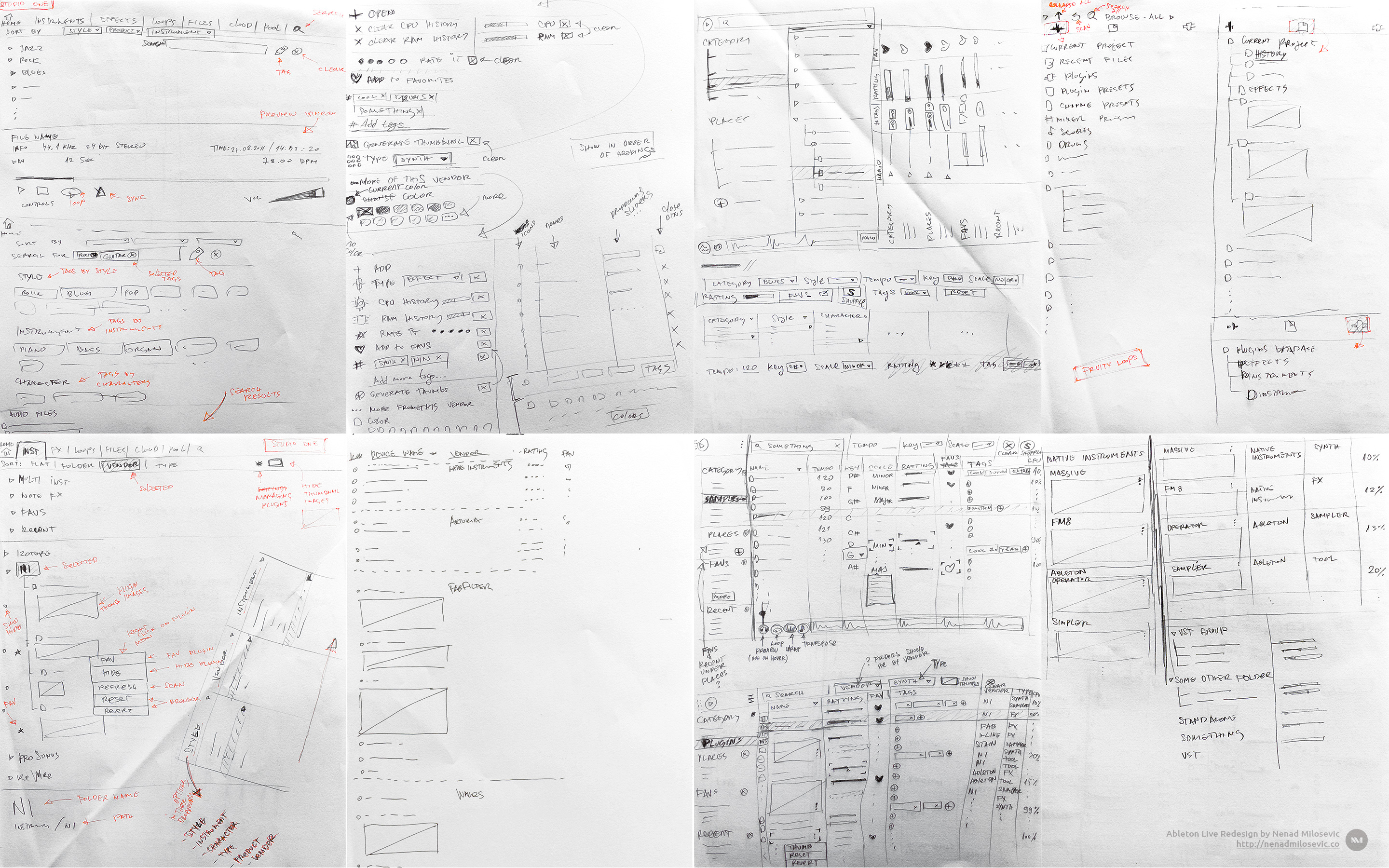 Sketches of Studio One and Fruity Loops browsers, and sketches of my Ableton Live expanded browser redesign. Sketches of Studio One and Fruity Loops browsers, and sketches of my Ableton Live expanded browser redesign.